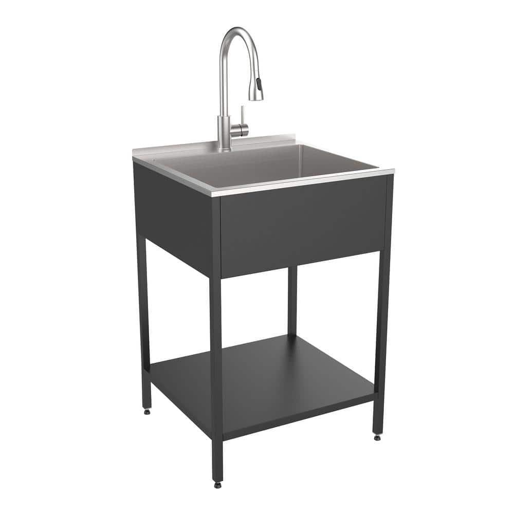 Transolid 15-Gallon 22.1 in. D x 24 in. W Freestanding Laundry Sink with Cabinet in Matte Black with Faucet