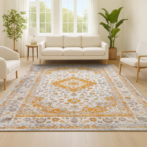 Indhira Ornate Orange/Cream 9 ft. x 12 ft. Medallion Persian Area Rug