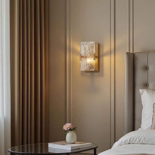 1-Light Gold Wall Sconces with Clear Textured Glass Shade