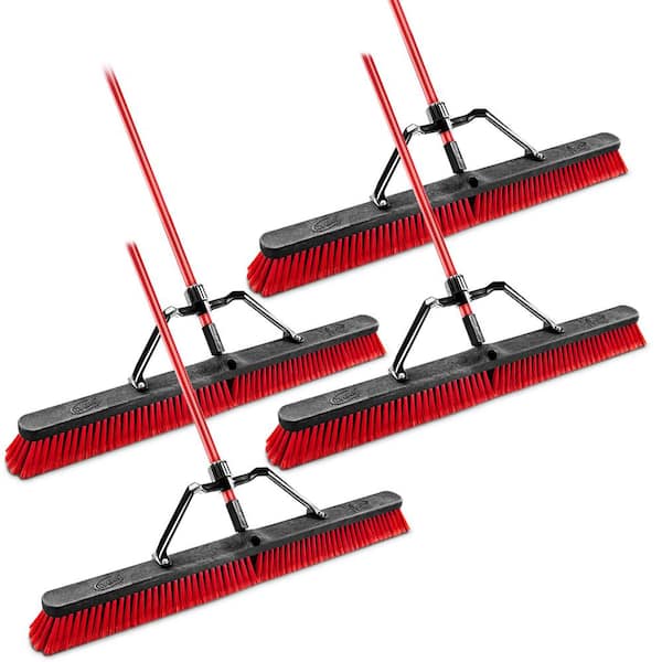 36 in. High Power Multi-Surface Push Broom Set with Brace and 60 in. Steel Handle (4-Pack)