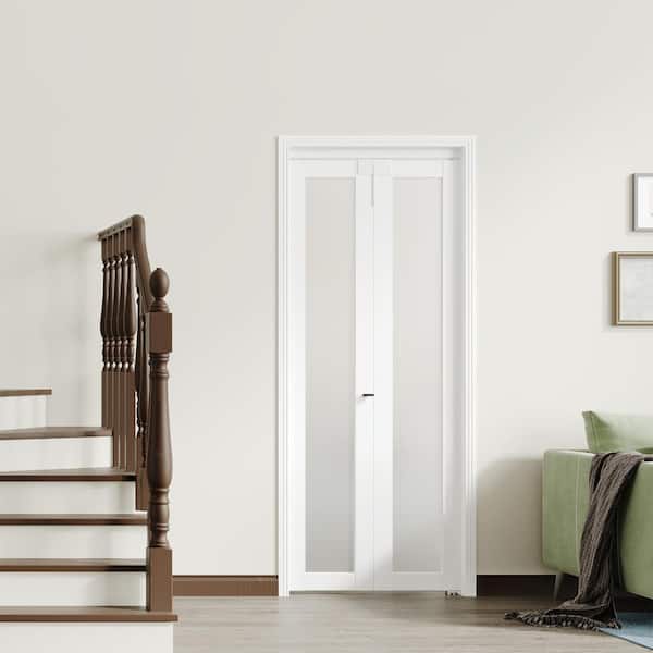 30 in. x 80 in. Frosted Glass Solid Core White Single Lite MDF Bi-Fold Door with Lock, Handle and Hardware Kits
