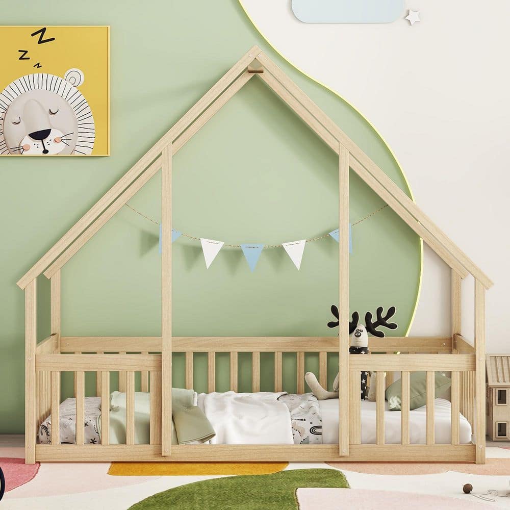 May Natural Wood Frame Twin Size House Kids Bed, Floor Bed with Roof Design and Headboard, Footboard, Guardrails, Brown