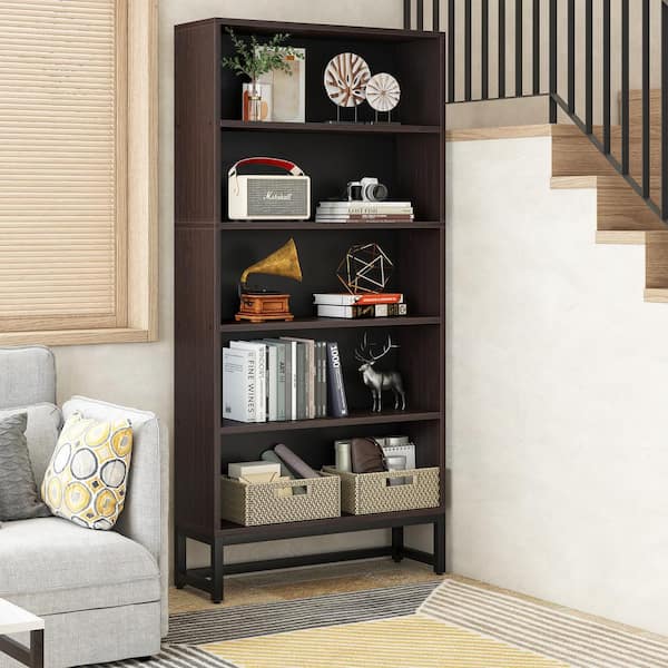 Eulas 70.8 in. Tall Sandalwood Wood 5-Shelf Standard Bookcase with Heavy-duty Metal Support, Library Bookshelf