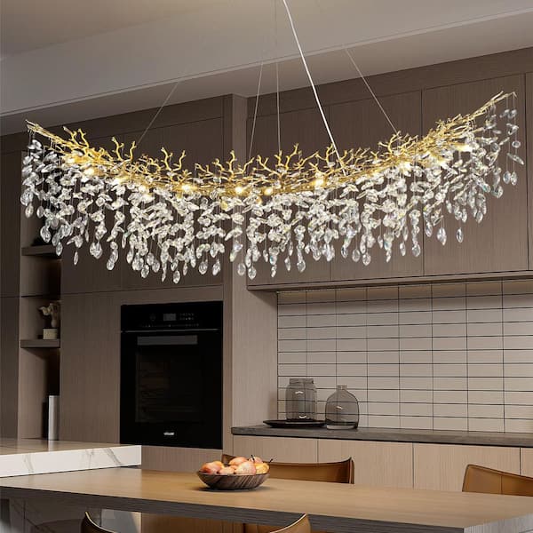 72 in. 20-Light Dimmable Tree Branches Crystal Linear Chandelier, Luxury Kitchen Island Modern Gold Chandelier