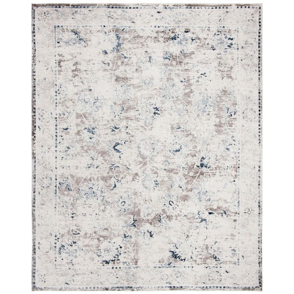 Mirage 8 ft. x 10 ft. Blue/Charcoal Distressed Floral Border Area Rug