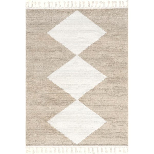Sherley Stacked Beige 4 ft. x 6 ft. Diamond Tassel Farmhouse Area Rug