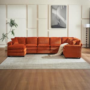 143.7 in. Wide Square Arm Corduroy Fabric U-Shaped Modern Upholstered Sofa in Orange