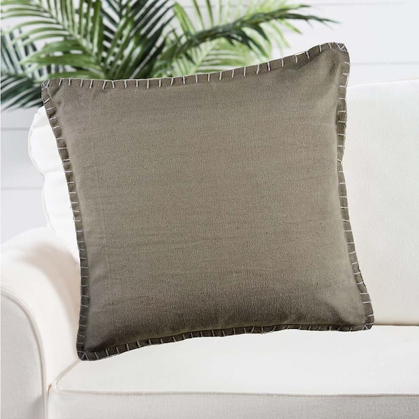 LR Home Solid Color Light Twine with Embroidered Edges 24 in. x 24 in. Throw Pillow