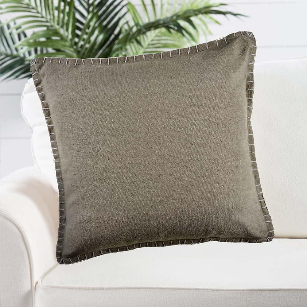Solid Color Light Twine with Embroidered Edges 24 in. x 24 in. Throw Pillow