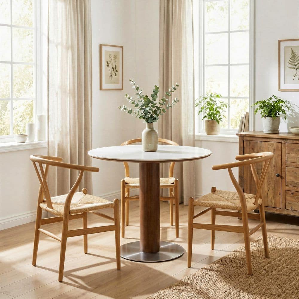 White Sintered Stone 31.5 in Pedestal Base Dining Table Seats 2-4, Round Kitchen Table with Stainless Steel for Home