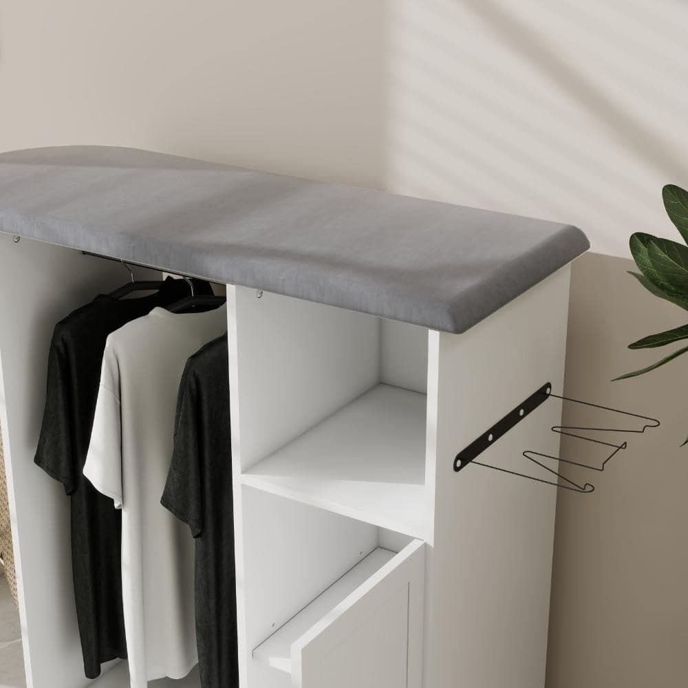 Close-up of the grey ironing board top and the side-mounted iron rack on the white cabinet.