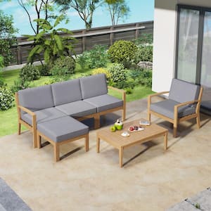 6-Piece Wood Frame Patio Outdoor Sectional Sofa Set with Coffee Table and Removable Gray Cushion for Garden Backyard