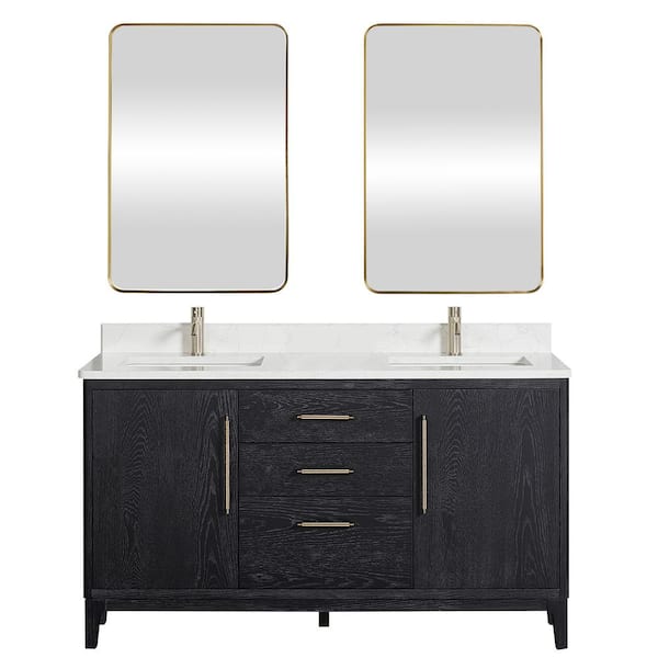 ROSWELL Gara 60 in. W x 22 in. D x 33.9 in. H Double Sink Bath Vanity in Fir Black White Grain Composite Stone Top Mirror