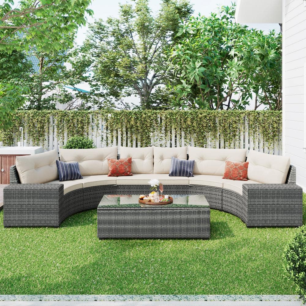 8-Piece PE Wicker Outdoor Half-Moon Sectional Set Curved Sofa Set Conversation Set with Beige Cushions price history on PriceWatchPro