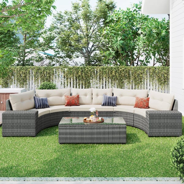 Sudzendf 8-Piece PE Wicker Outdoor Half-Moon Sectional Set Curved Sofa Set Conversation Set with Beige Cushions