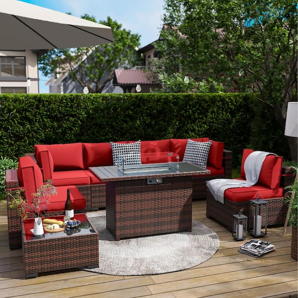 ELPOSUN Brown 8-Piece Wicker Patio Conversation Set With Red Cushions