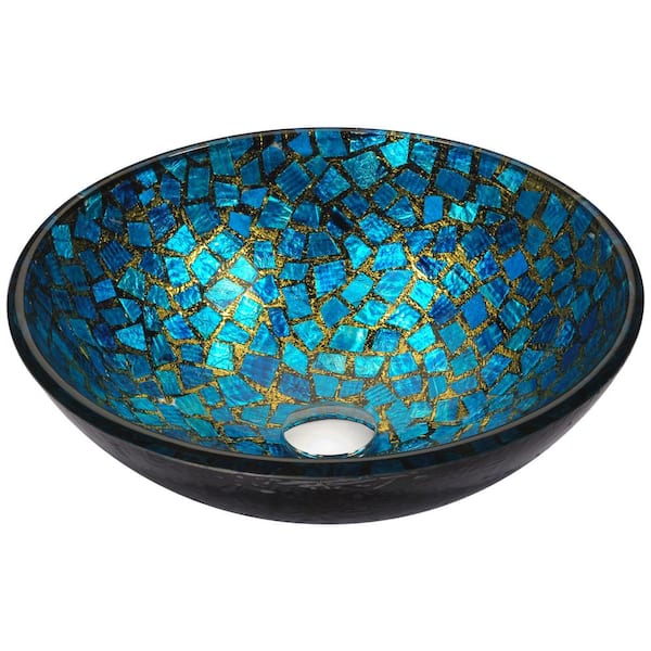 ANZZI Mosaic Series 17 in. Bathroom Vessel Sink with Scratch-Tough and Stain-Resistant Non-Porous Surface in Blue Glass