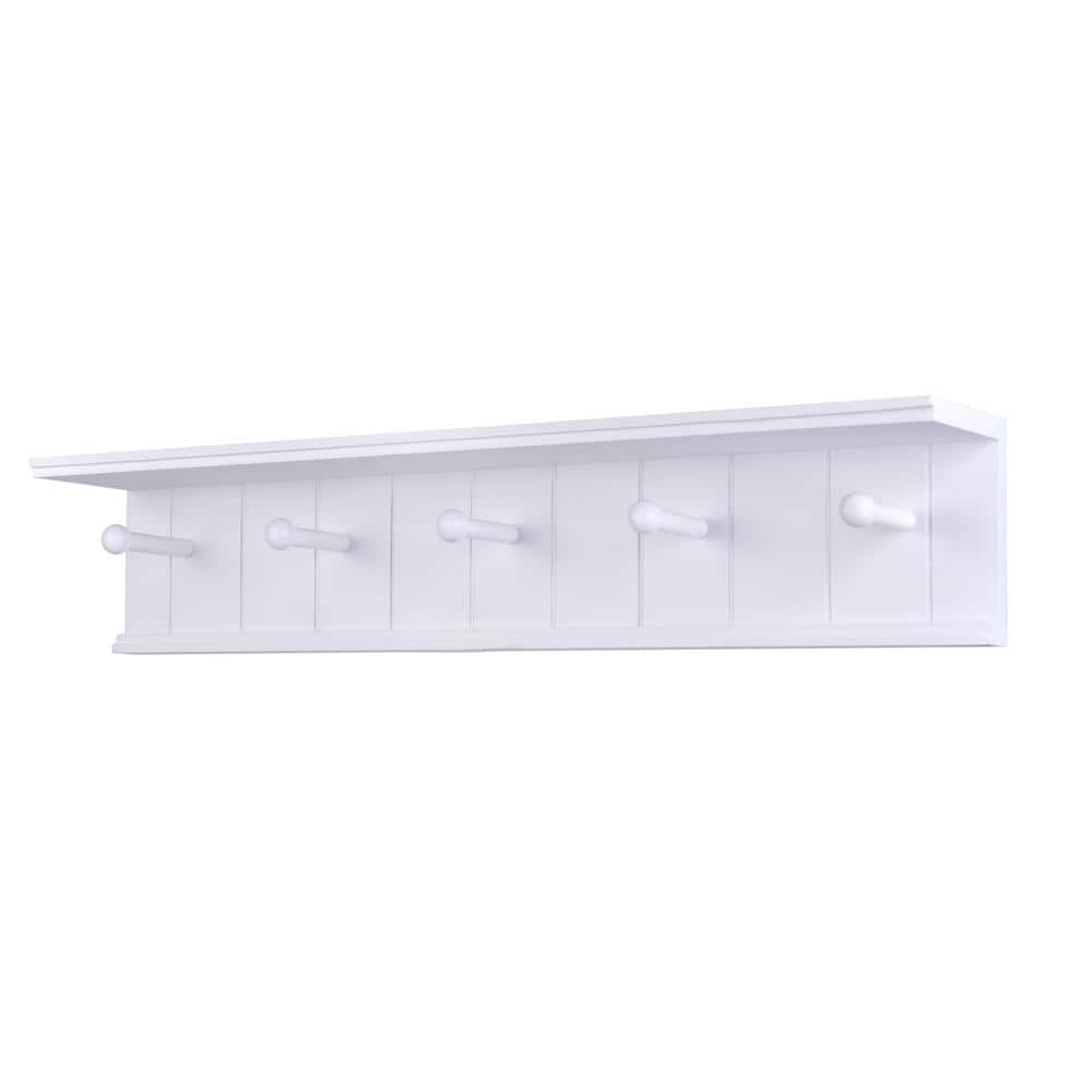 White Wooden Wall Mount Coat Rack with Shelf and 5 Hooks