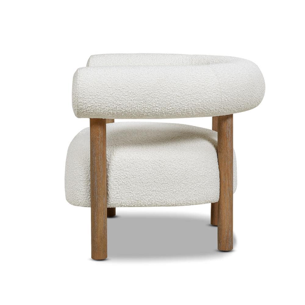 Ivory White Boucle Wood Barrel Accent Chair