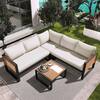 Sudzendf 4 Pieces Black Wood Outdoor Sectional Sofa Set with Beige Cushion and Coffee Table KIKIO206584