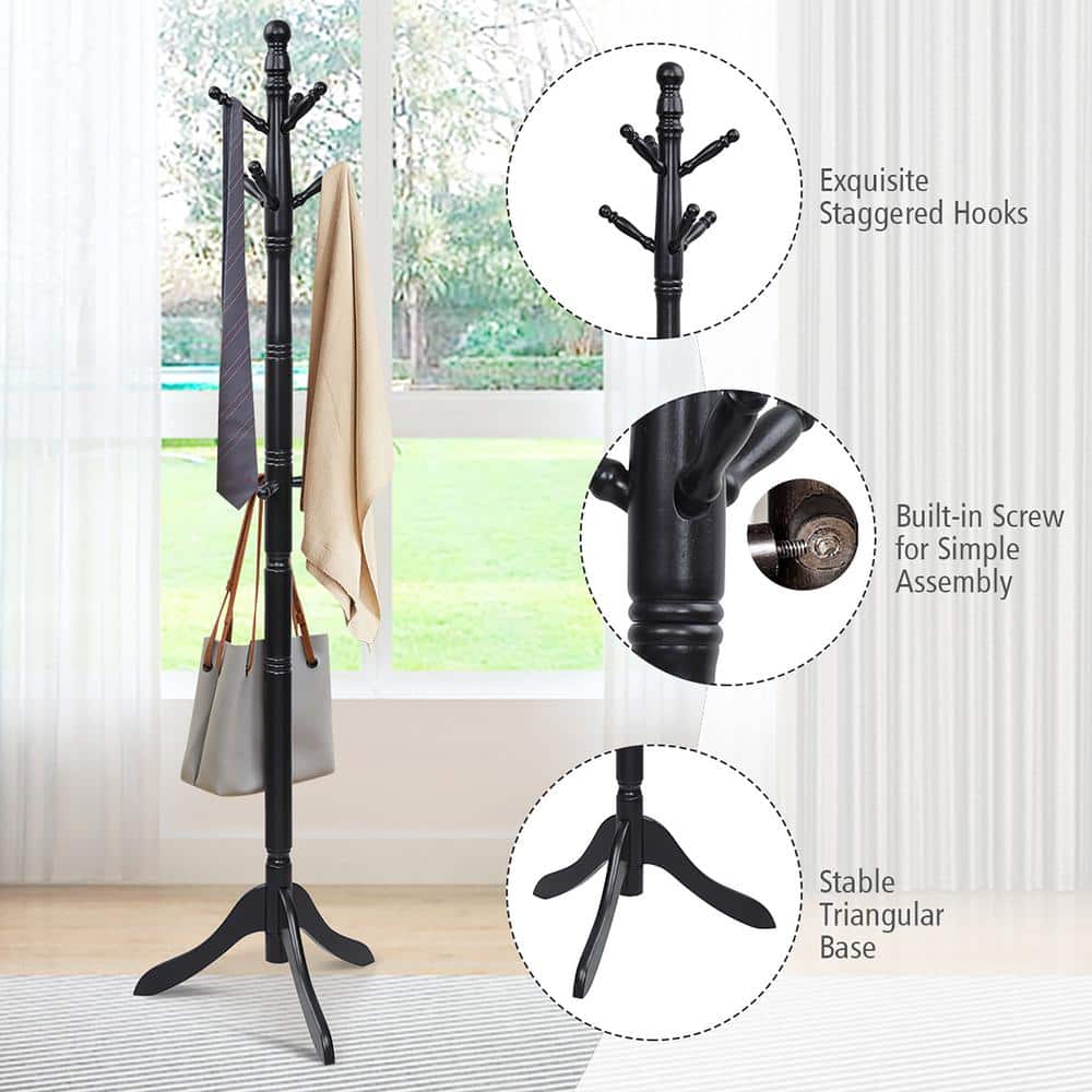 Adjustable Black Rubber Wood Coat Rack with 9 Hooks