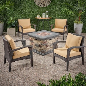 Kaula Teak Brown 5-Piece Faux Rattan Outdoor Patio Fire Pit Seating Set with Tan Cushions