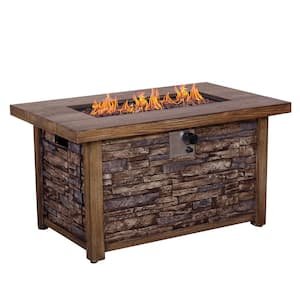 50,000 BTU Rectangle Fire Pit Table, Faux Woodgrain Top And Faux Stone Texture Base Propane Gas Fire Table For Outdoor