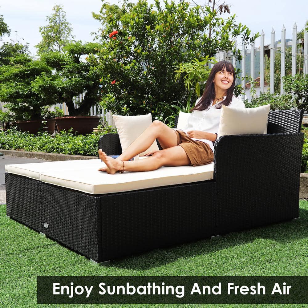 Beige Rattan Outdoor Daybed with Cushions and Pillows