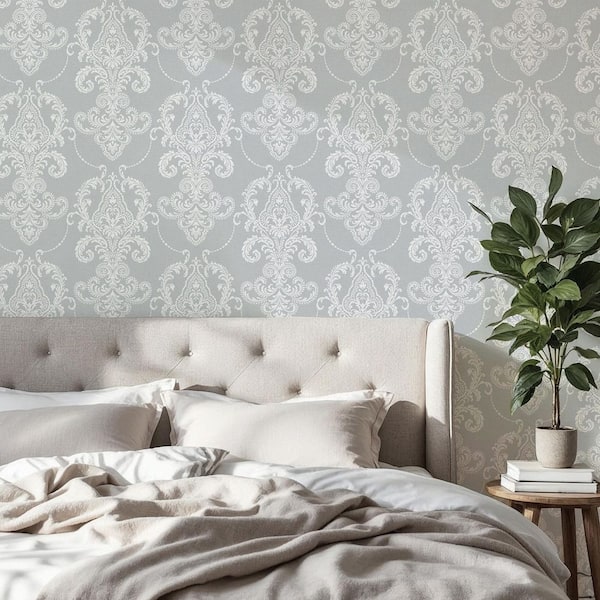Valda Slate Grey Embroidered Damask Wallpaper Sample