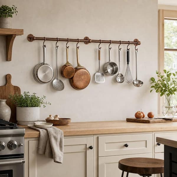 Wall Mounted Antique Copper Hanging Pots and Pans Rack with Hooks, Stainless Steel Utensil Hanging Rack, Space-Saving
