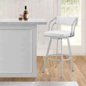 36 in. Silver and White Low Back Metal Legs Frame Swivel Bar Stool with Vegan Faux Leather Seat