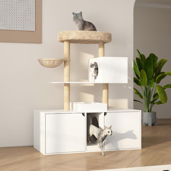 FUFU&GAGA Cat Tree Condo Cabinet Furniture with Scratching Posts and Cat House, Cat Tree Tower with Double Litter Box Enclosure