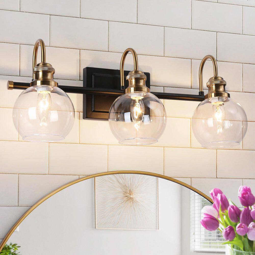 Modern 22 in. 3-Light Black Bathroom Vanity Light, Powder Room Rustic Vanity Light, Clear Glass Brass Gold Wall Light price history on PriceWatchPro