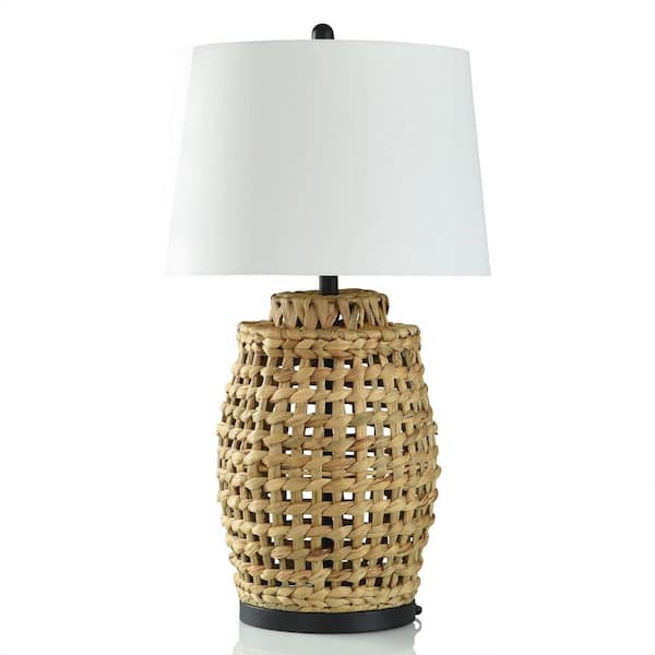 StyleCraft 30 in. Natural Hyacinth, Dark Bronze, White Pineapple Task and Reading Table Lamp for Living Room with White Linen Shade