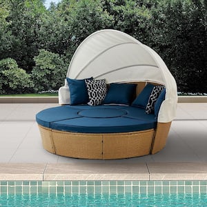 Zest Navy 70.5 in. W Metal Outdoor Rattan Patio Day Bed with Navy Cushions