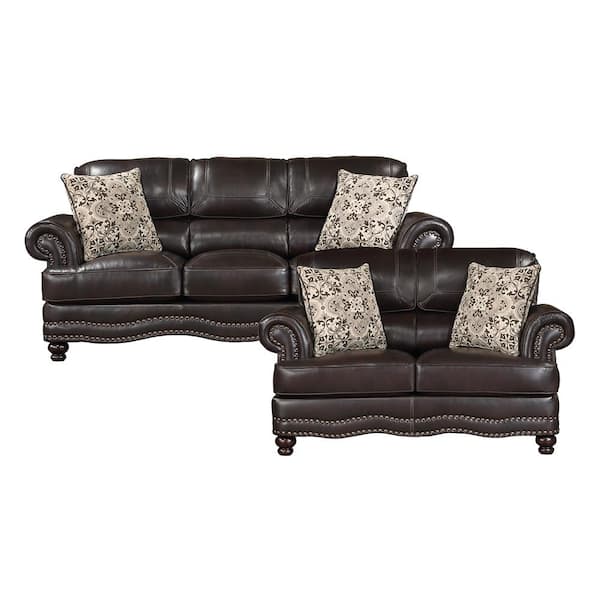 Lazzara Beyen 88 in. W Rolled Arm Faux Leather Rectangle 2-Piece Living Room Sofa Set in. Brown