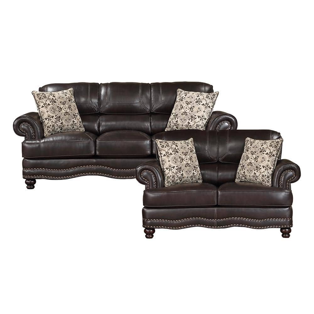 Beyen 88 in. W Rolled Arm Faux Leather Rectangle 2-Piece Living Room Sofa Set in. Brown