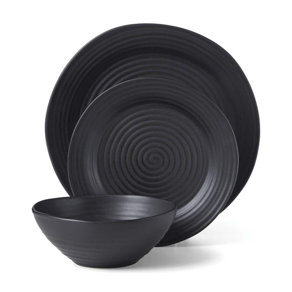 Black Ceramic 12-Piece Round Dinnerware Set with Swirl Embellishment