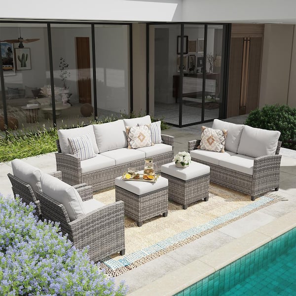 JUSKYS 6-Pieces Patio Furniture Set Gray Wicker Outdoor Couch with Love-Seat, Ottomans and Beige Cushions