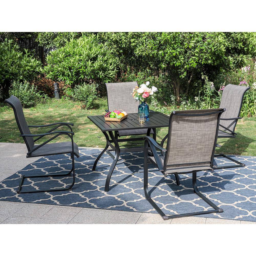PHI VILLA Black 5Piece Metal Patio Outdoor Dining Set with Slat Square Table and Textilene C
