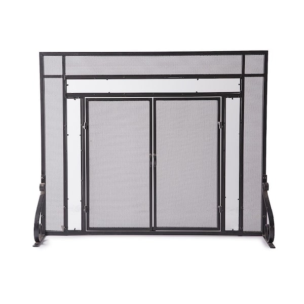 44 in. x 33 in. Black Metal 1-Panel Fireplace Screen with Doors and Tempered Glass Accents