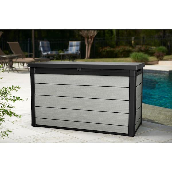 Keter Denali 200 Gallon Resin Large Deck Box for Patio Furniture Cushion  Storage, Grey/Black