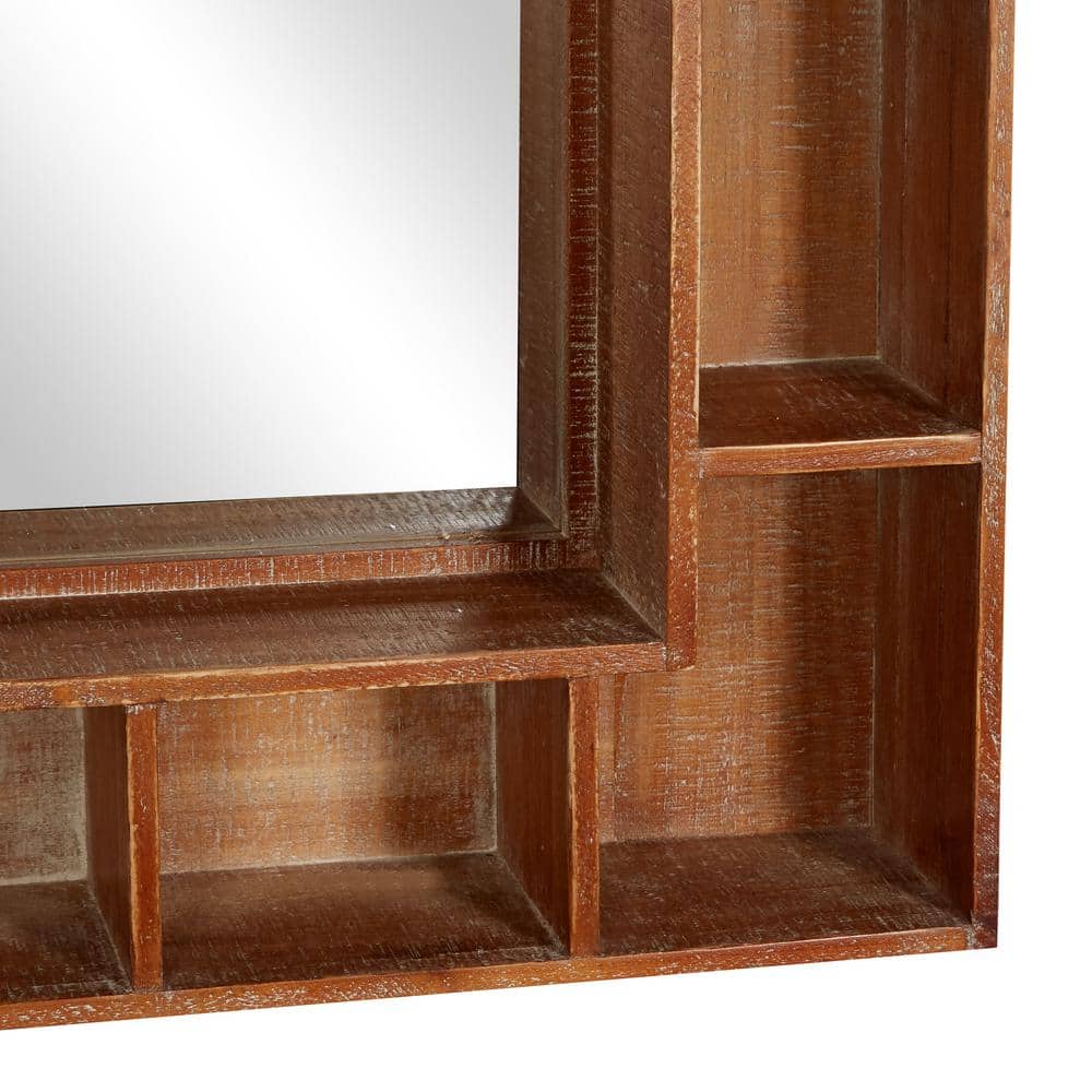 Elegant 24" Brown Wood Rectangular Wall Mirror with Storage Shelves