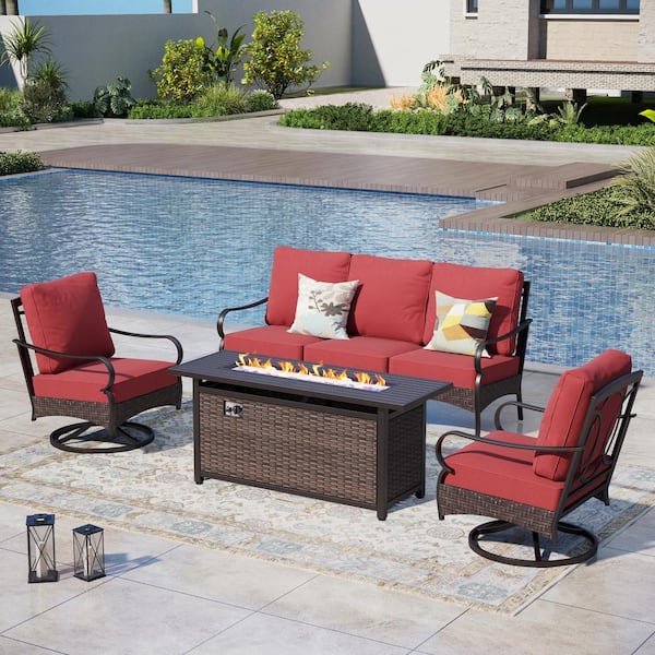 PHI VILLA Brown Rattan 4-Piece Metal Outdoor Patio Conversation Set with Red Cushions, Swivel Sofa Chairs and Fire Pit Table