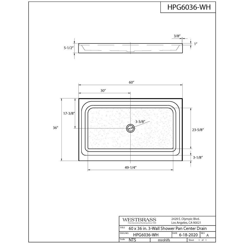 60'' x 36'' Matte White Acrylic Rectangular Shower Base