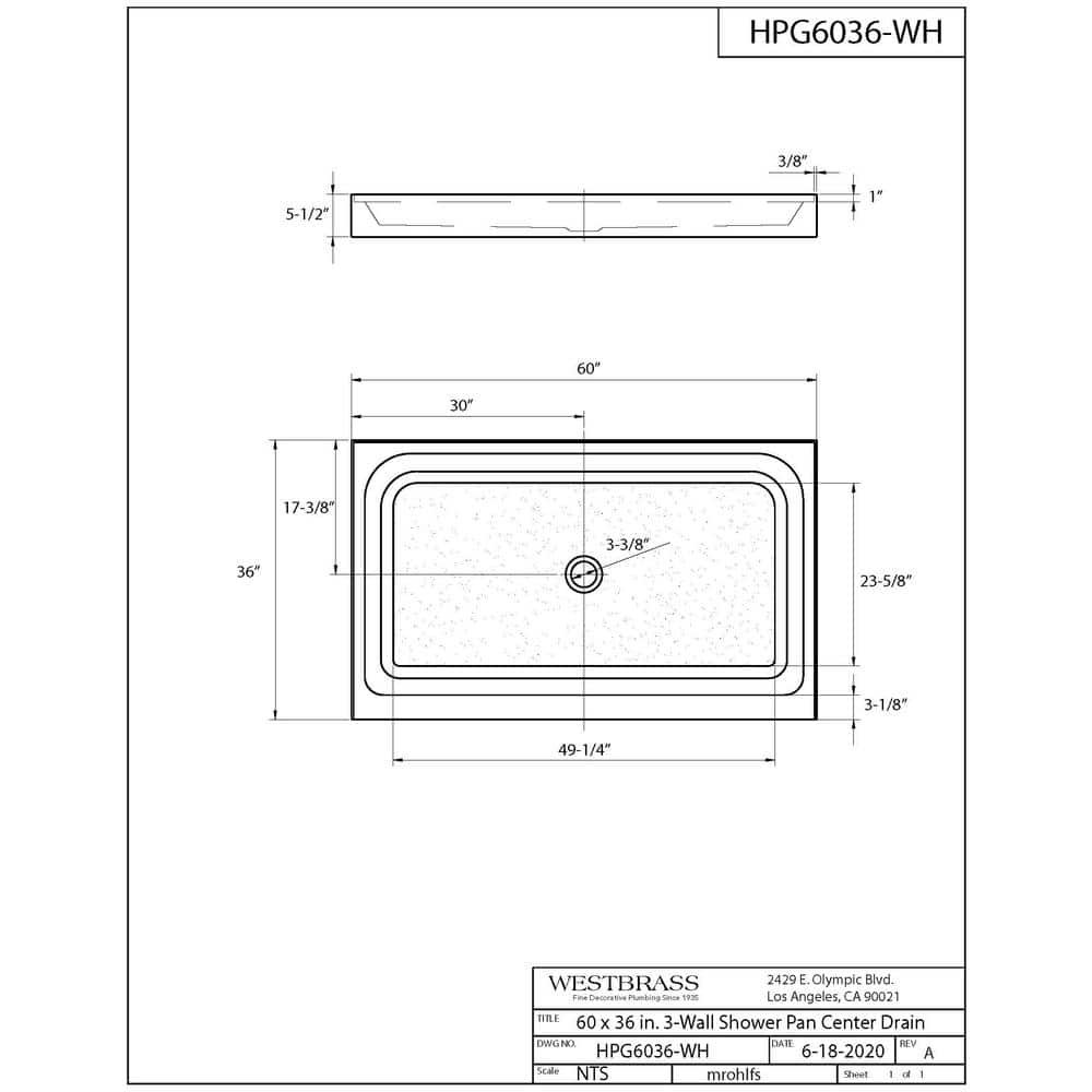 60'' x 36'' White Acrylic Rectangular Shower Base