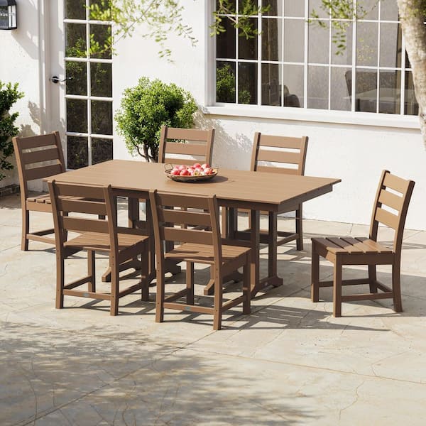 Grant Park Teak 7-Piece HDPE Plastic Rectangle Farmhouse Side Chair Outdoor Dining Set