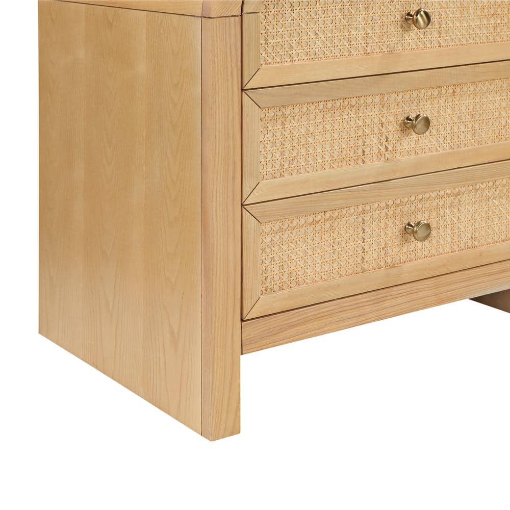 Belmont 3-Drawer Natural Rattan and Oak Nightstand
