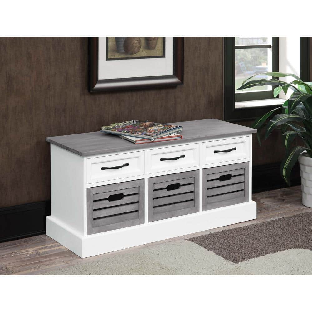 White and Weathered Gray 3-Drawer Storage Bench