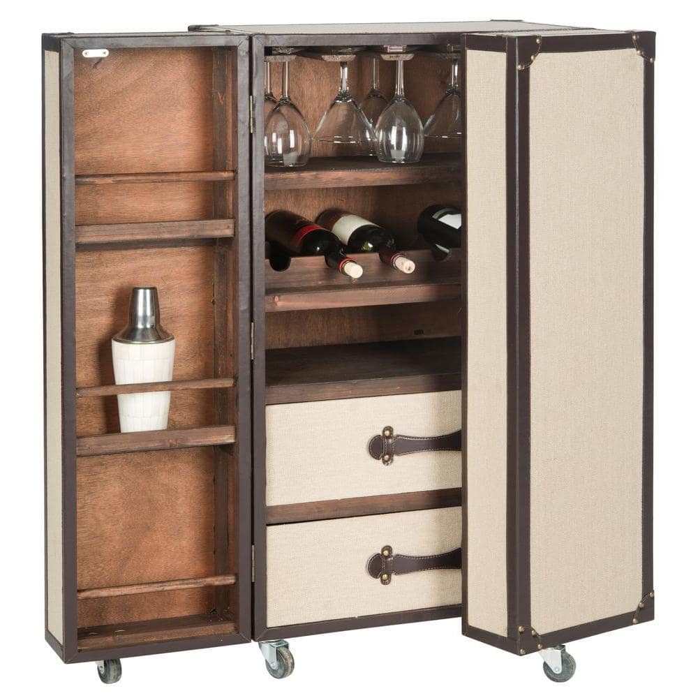 Beige Linen and Vegan Leather Industrial Beverage Cabinet